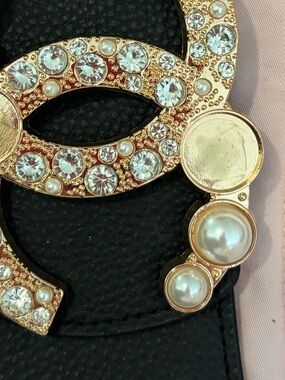 Gold Crystal & Pearl Accent Black Leather Slide